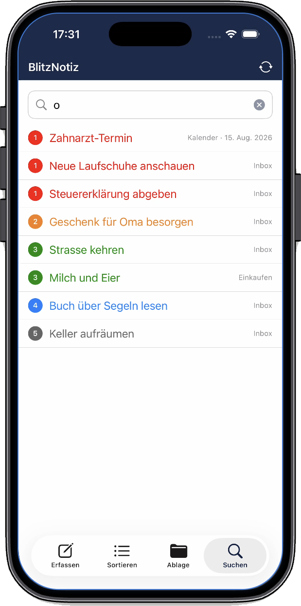 Bildschirmfoto: Suchen – Volltextsuche über alle Einträge, auch kombiniert mit Prioritäts-Filtern.